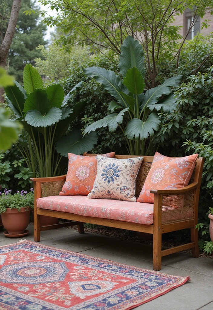 25 Boho Patio Decor Ideas Full of Color and Charm 11. Boho Style Benches