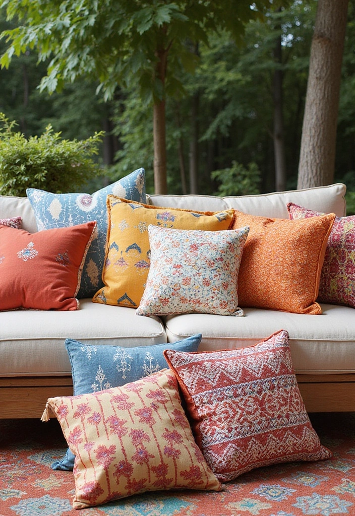 25 Boho Patio Decor Ideas Full of Color and Charm 12. Eclectic Throw Pillows
