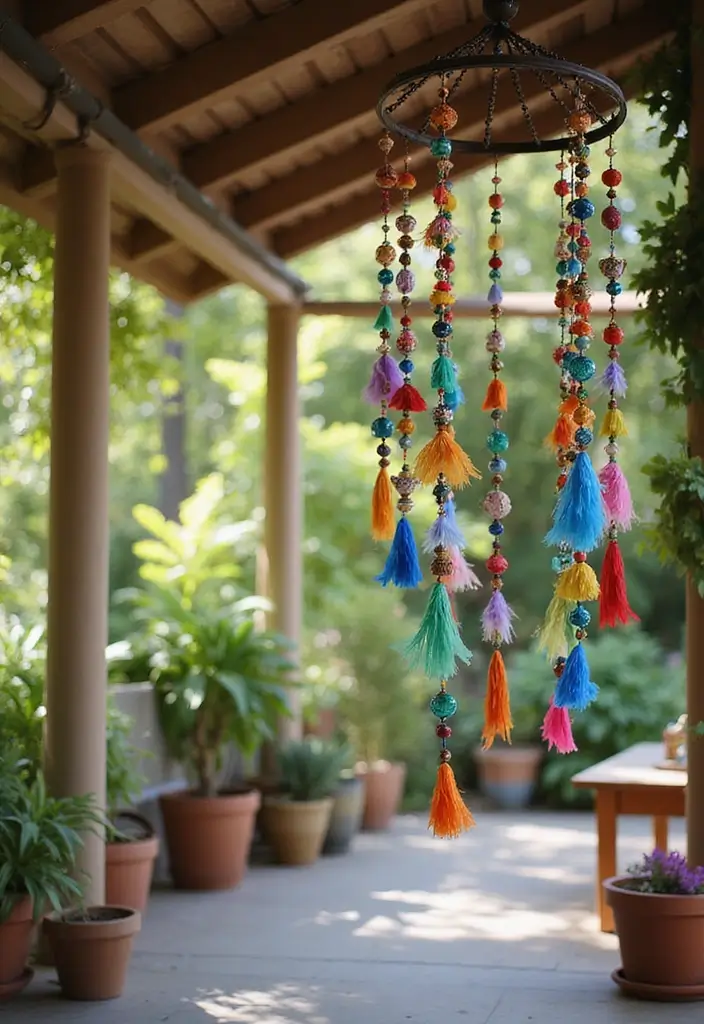 25 Boho Patio Decor Ideas Full of Color and Charm 13. Colorful Wind Chimes
