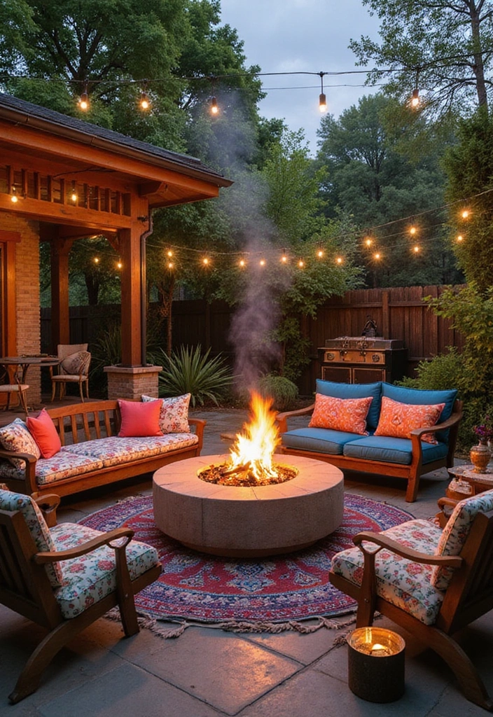 25 Boho Patio Decor Ideas Full of Color and Charm 18. Cozy Fire Pit