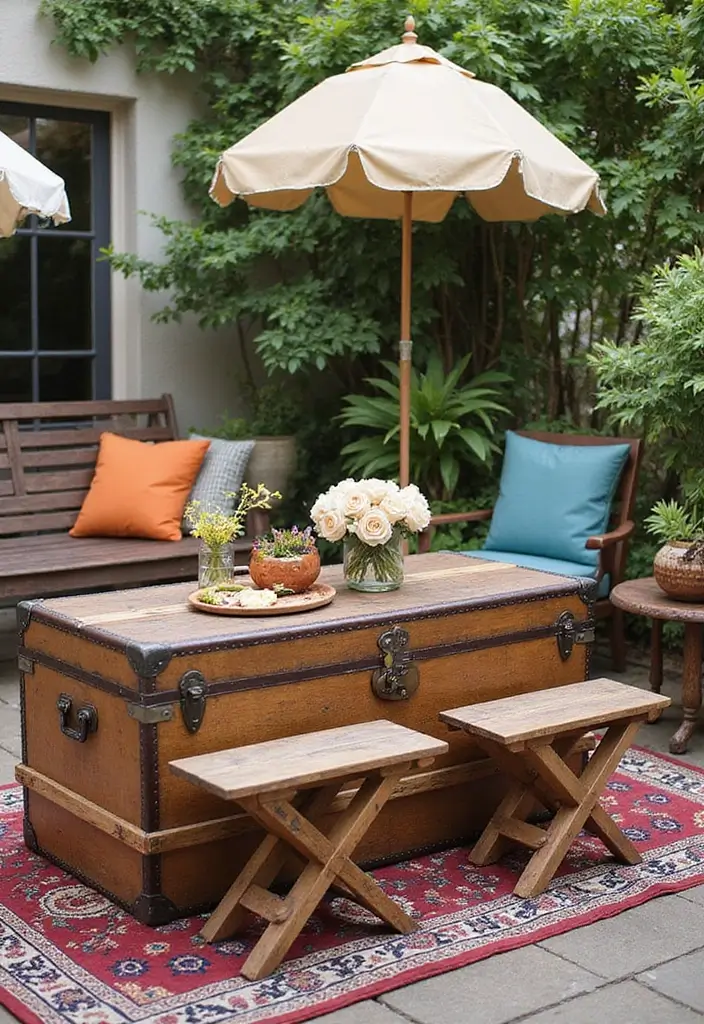 25 Boho Patio Decor Ideas Full of Color and Charm 19. Vintage Trunks