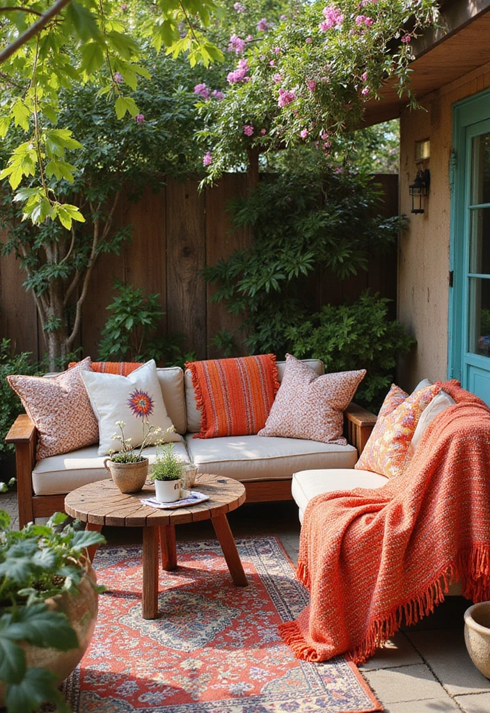 25 Boho Patio Decor Ideas Full of Color and Charm 23. Brightly Colored Outdoor Throws
