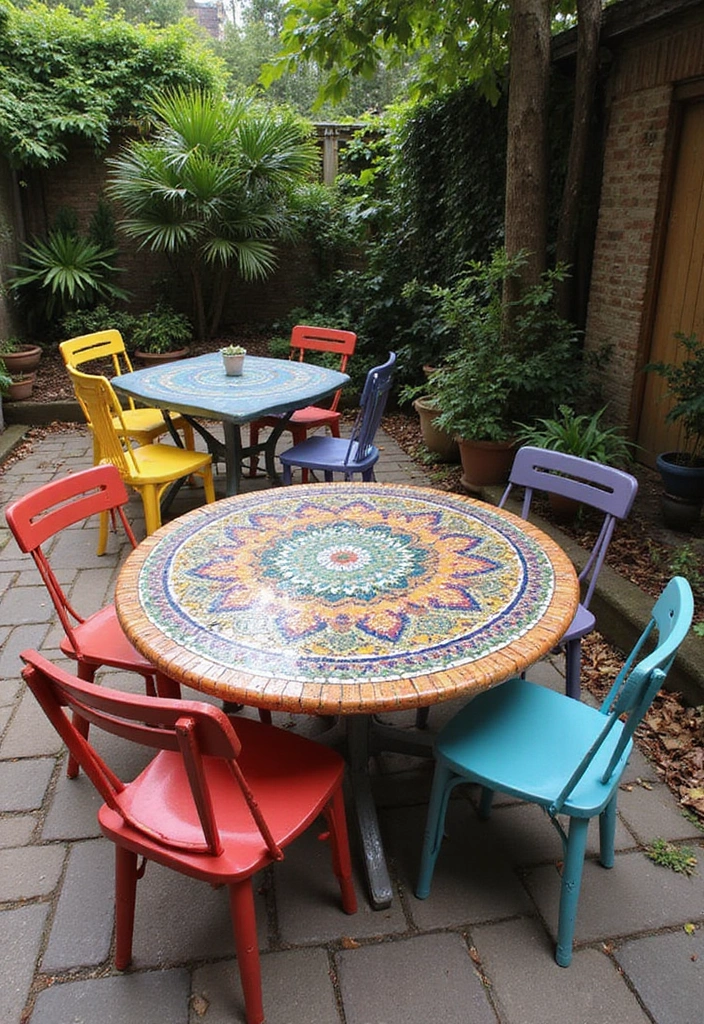 25 Boho Patio Decor Ideas Full of Color and Charm 24. Mosaic Tabletops