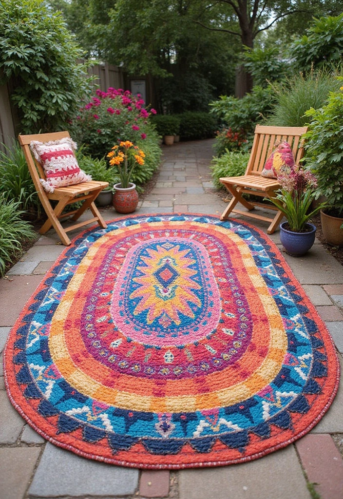 25 Boho Patio Decor Ideas Full of Color and Charm 4. Colorful Outdoor Rugs