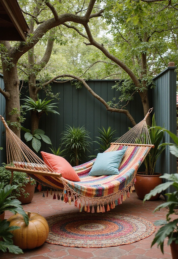 25 Boho Patio Decor Ideas Full of Color and Charm 7. Cozy Hammocks
