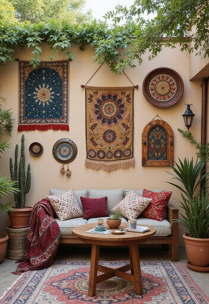 25 Boho Patio Decor Ideas Full of Color and Charm 9. Bohemian Wall Art