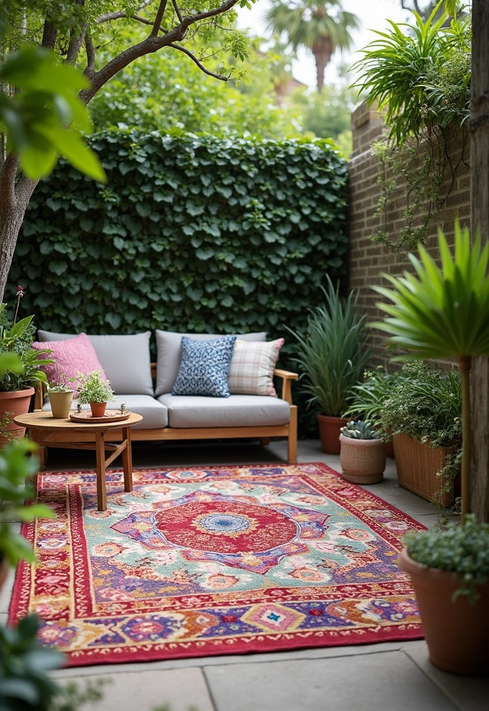 25 Decorar Patio Pequeo Ideas That Maximize Tiny Spaces 7. Use Rugs to Define Areas