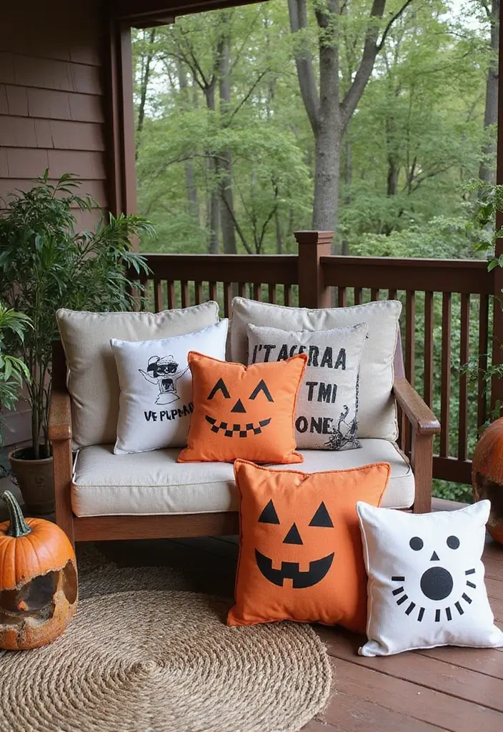 25 Halloween Patio Decor Ideas That Look Spooky and Fun 12. Themed Throw Pillows