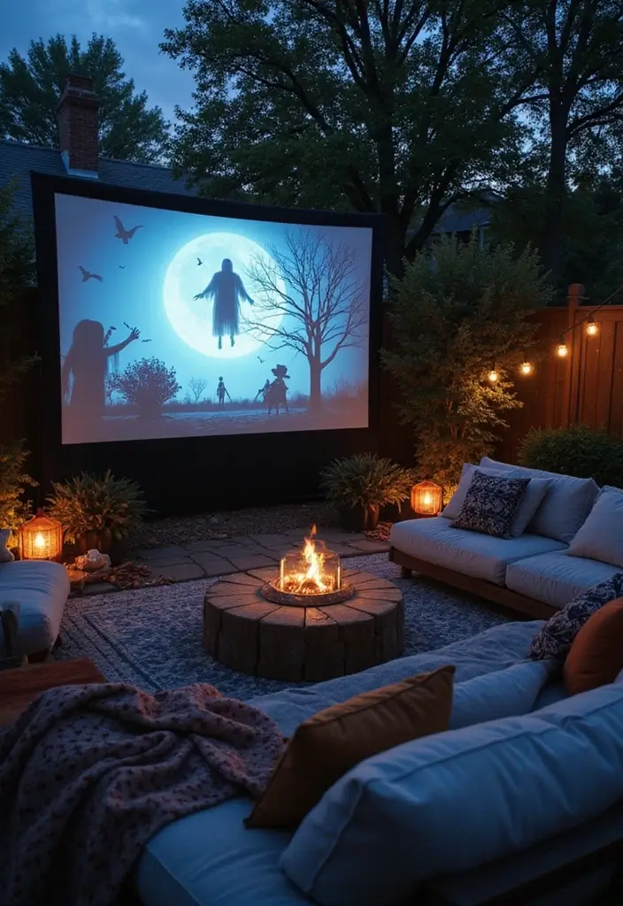 25 Halloween Patio Decor Ideas That Look Spooky and Fun 15. Outdoor Movie Night Setup