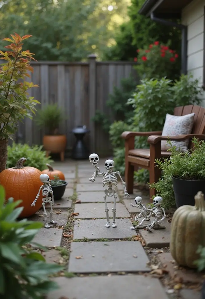 25 Halloween Patio Decor Ideas That Look Spooky and Fun 16. Mini Skeletons