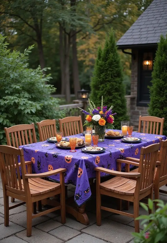 25 Halloween Patio Decor Ideas That Look Spooky and Fun 21. Spooky Tablecloths