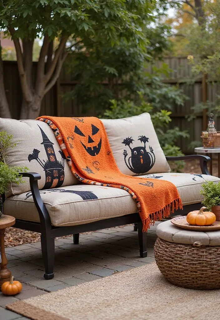 25 Halloween Patio Decor Ideas That Look Spooky and Fun 23. Seasonal Throw Blankets