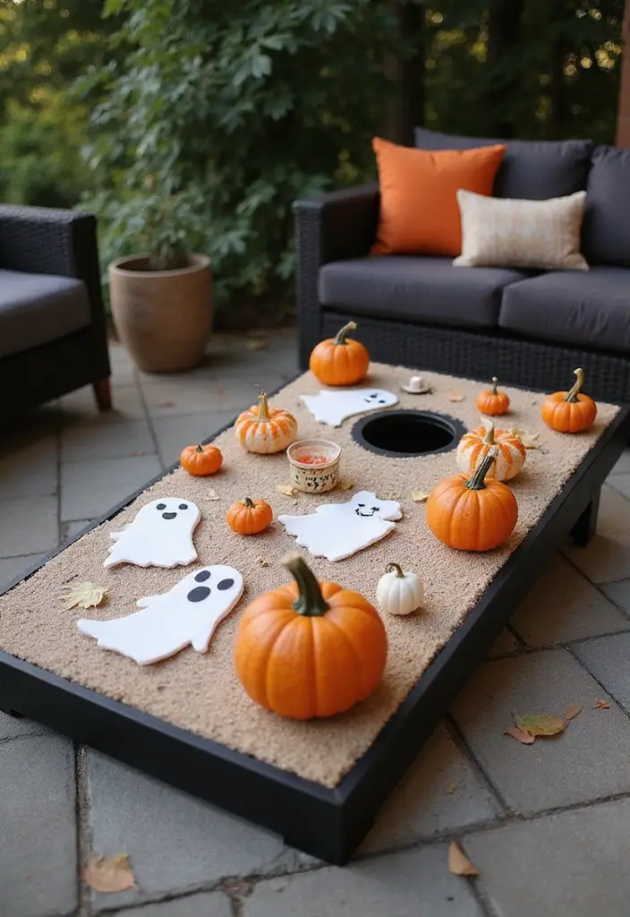 25 Halloween Patio Decor Ideas That Look Spooky and Fun 5. Cozy Cornhole Set