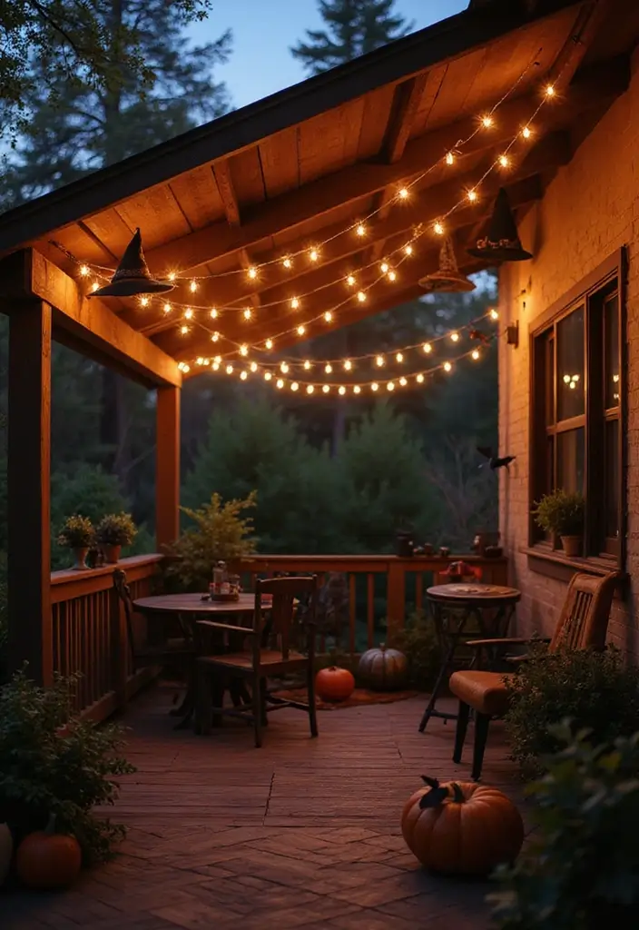 25 Halloween Patio Decor Ideas That Look Spooky and Fun 6. Witch Hat String Lights