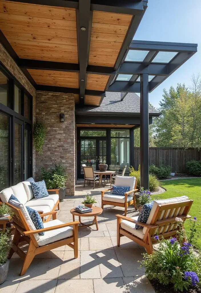 25 Patio Roof Designs That Add Style and Comfort 23. Mixed Material Roofs for Eclectic Styles