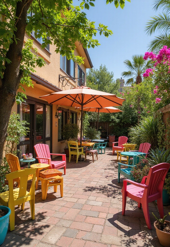 25 Townhome Patio Designs That Feel Cozy and Stylish 15. Color Pop Paradise