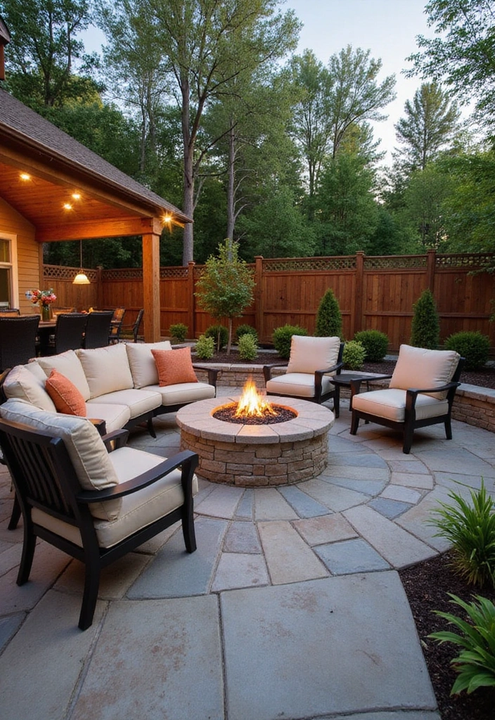 27 Covered Patio Ideas That Instantly Add Style and Shade 23. Integrated Fire Pit