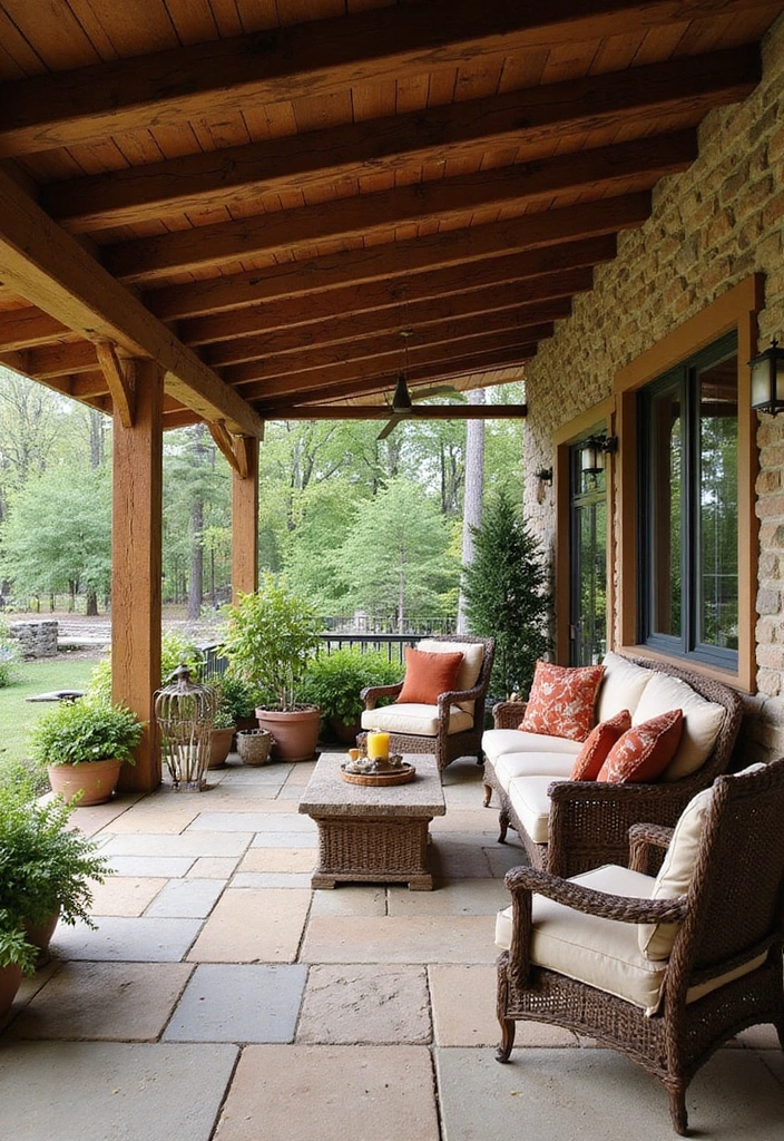 27 Covered Patio Ideas That Instantly Add Style and Shade 8. Rustic Wooden Beams