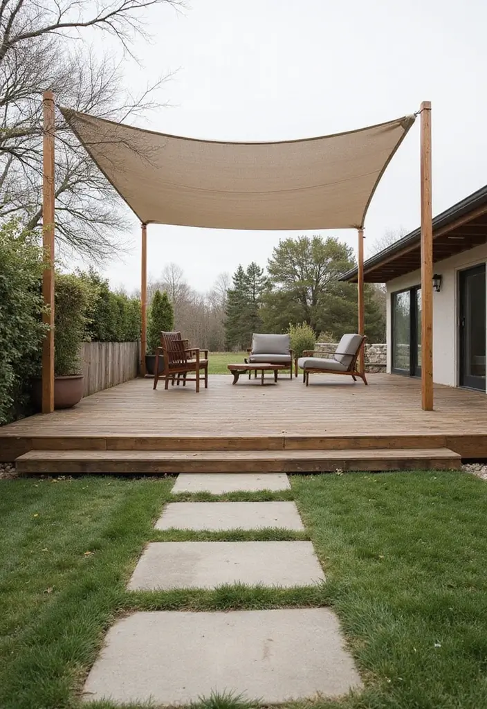 27 Deck and Patio Combo Designs That Double Outdoor Fun 7 27 Deck and Patio Combo Designs That Double Outdoor Fun 7. Minimalist Deck with Fabric Canopy and Stone Pathway