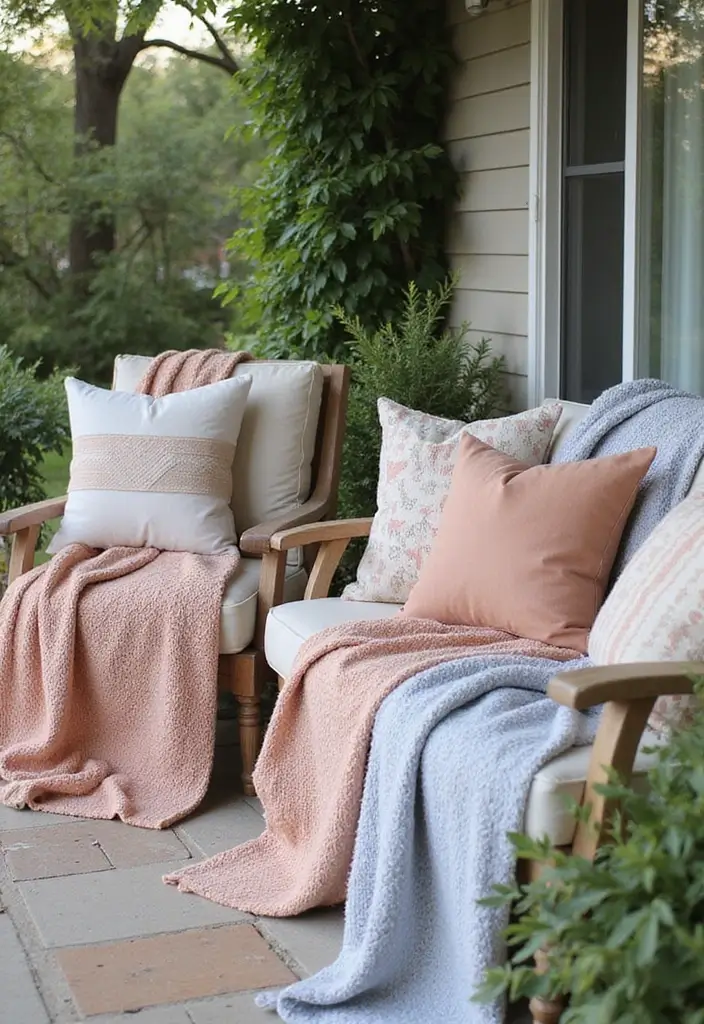 27 Front Patio Decorating Ideas That Neighbors Will Notice 10. Cozy Throws and Pillows