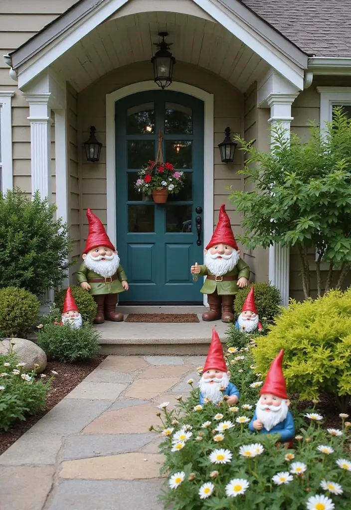 27 Front Patio Decorating Ideas That Neighbors Will Notice 15. Whimsical Garden Gnomes