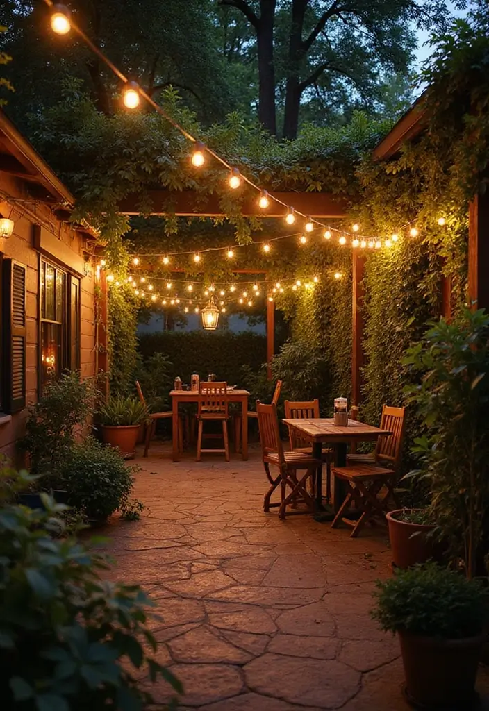 27 Mexican Patio Ideas Full of Culture and Color 4. String Lights for Magical Evenings