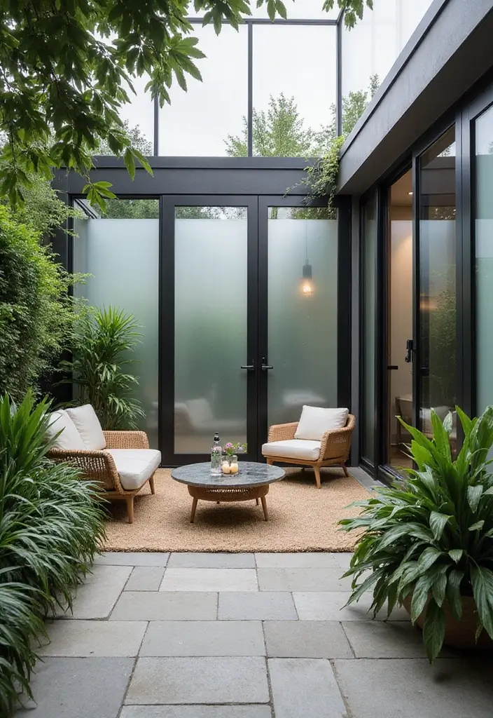 27 Patio Privacy Ideas That Actually Work Beautifully 16. Glazed or Frosted Glass Panels