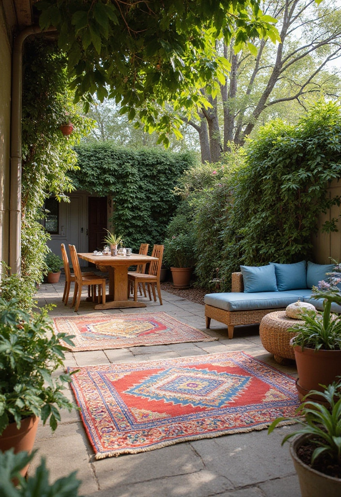 27 Patio Privacy Ideas That Actually Work Beautifully 19. Outdoor Rugs for Defined Spaces