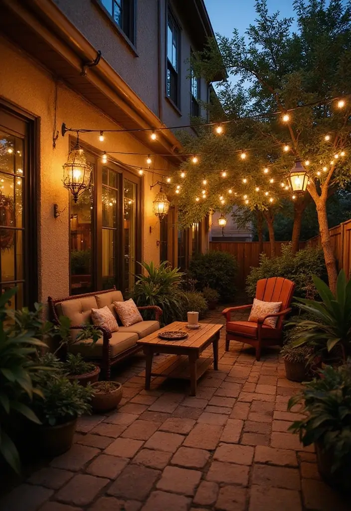 27 Patio Privacy Ideas That Actually Work Beautifully 23. String Lights for Ambiance