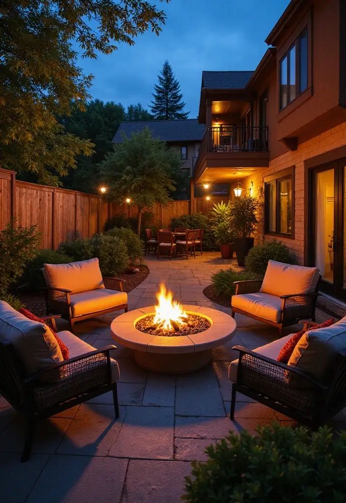 27 Patio Privacy Ideas That Actually Work Beautifully 24. Fire Pit for a Defined Space