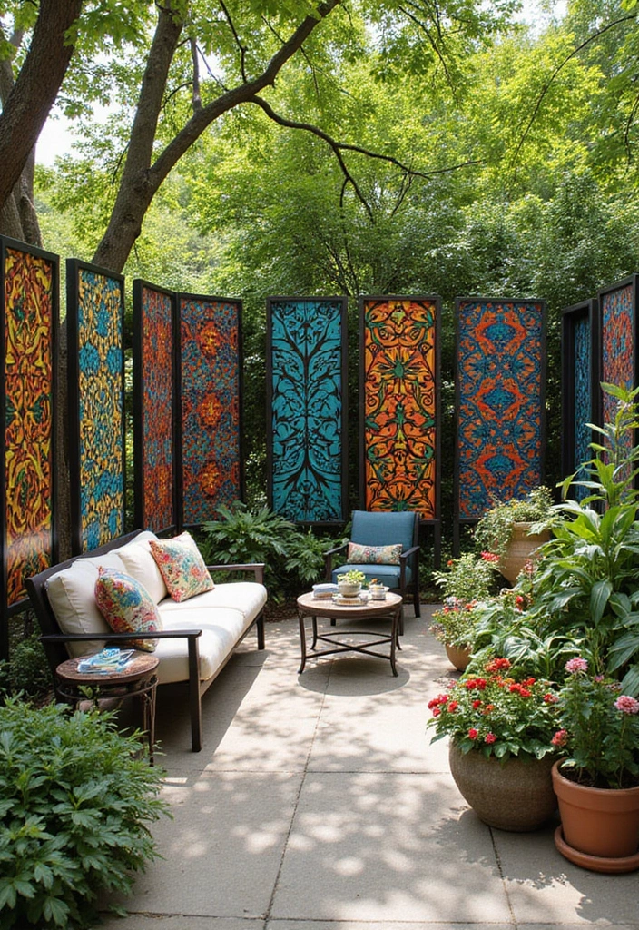 27 Patio Privacy Ideas That Actually Work Beautifully 7. Privacy Screens with Art