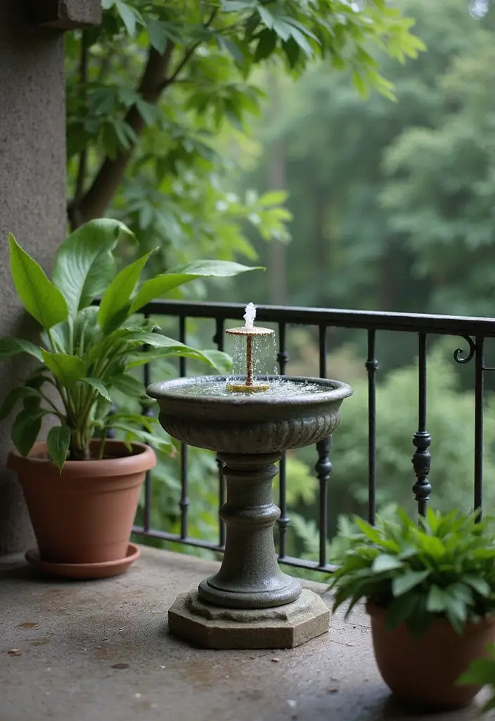 28 Apartment Patio Ideas That Maximize Small Spaces 15. Mini Water Fountain