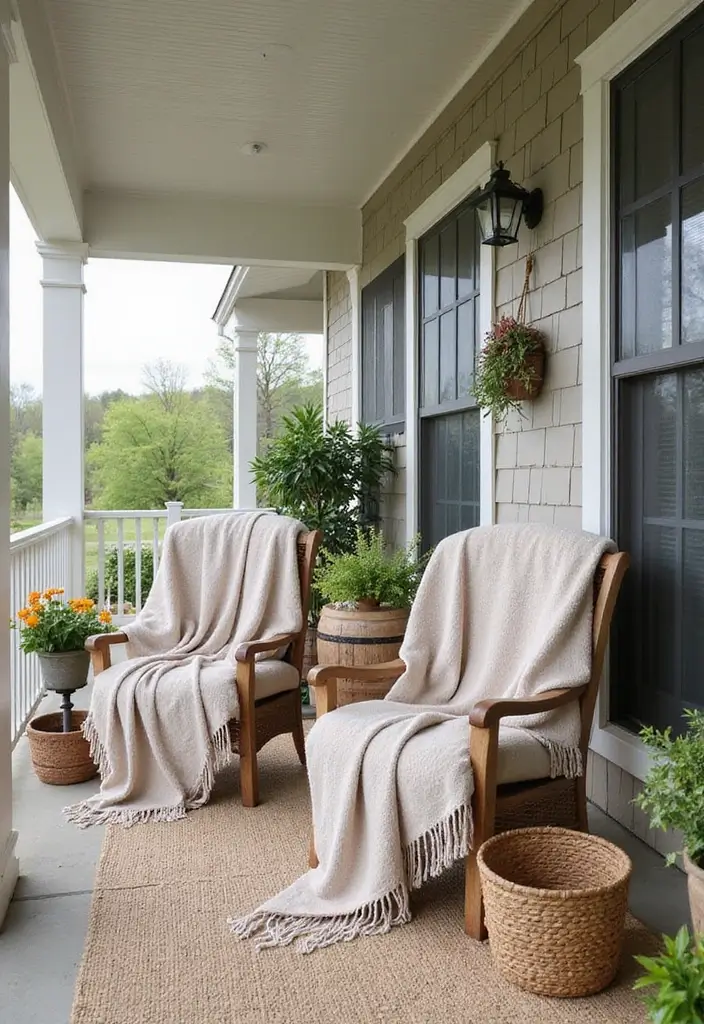 28 Farmhouse Patio Inspirations That Add Rustic Charm 11. Cozy Throw Blankets
