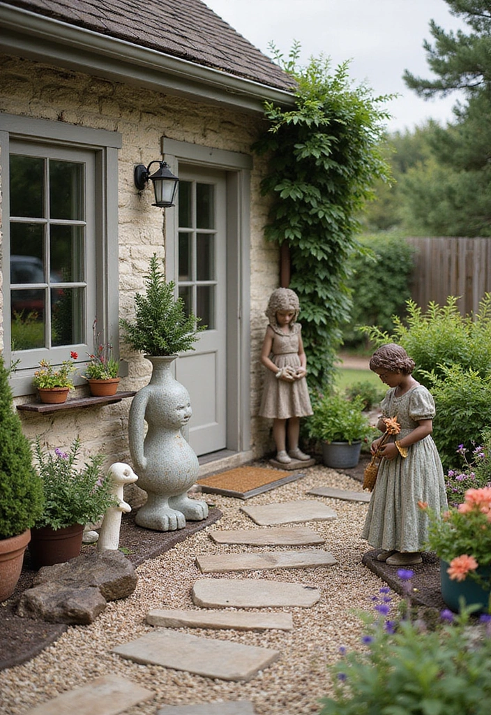 28 Farmhouse Patio Inspirations That Add Rustic Charm 13. Charming Garden Statues