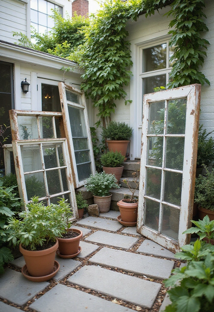 28 Farmhouse Patio Inspirations That Add Rustic Charm 21. Vintage Window Frames