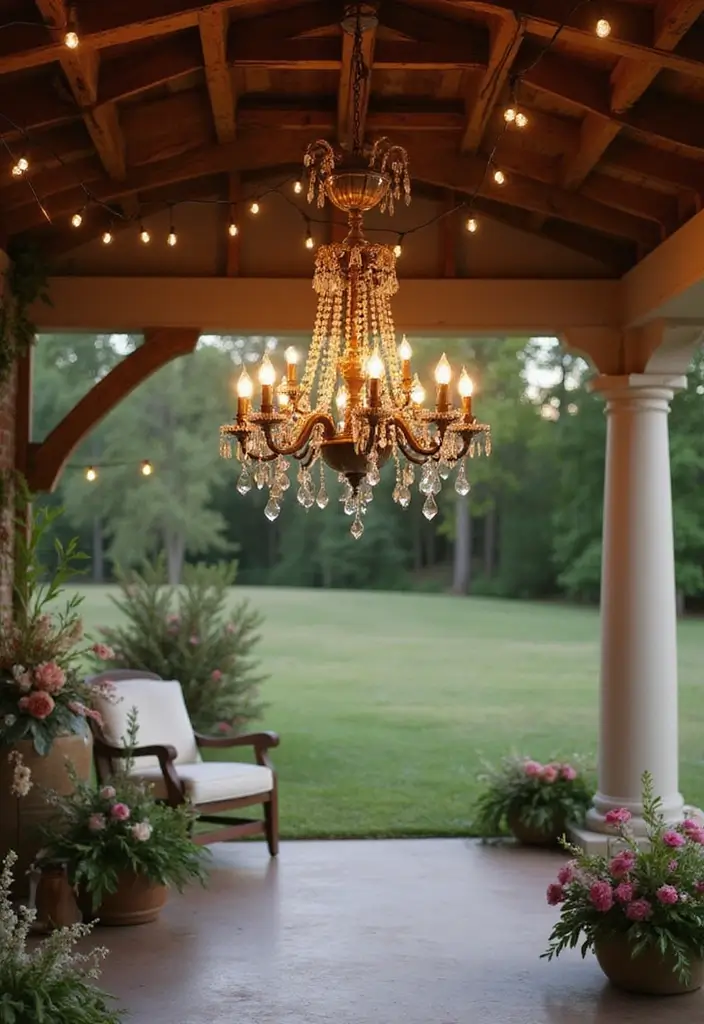28 Farmhouse Patio Inspirations That Add Rustic Charm 3. Vintage Chandeliers