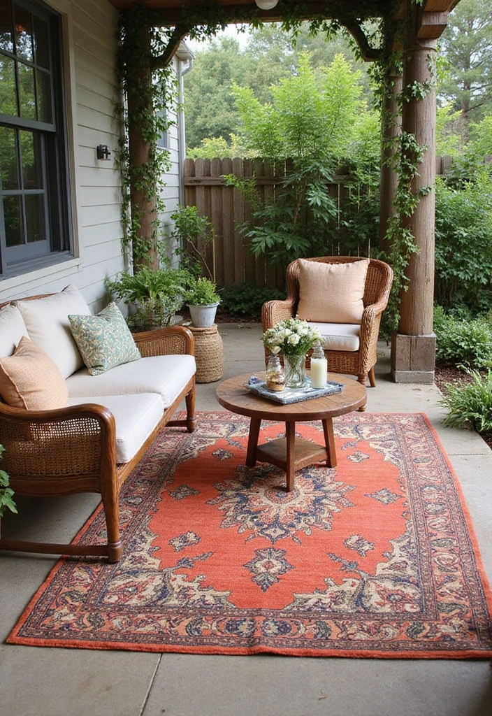 28 Farmhouse Patio Inspirations That Add Rustic Charm 7. Colorful Outdoor Rugs