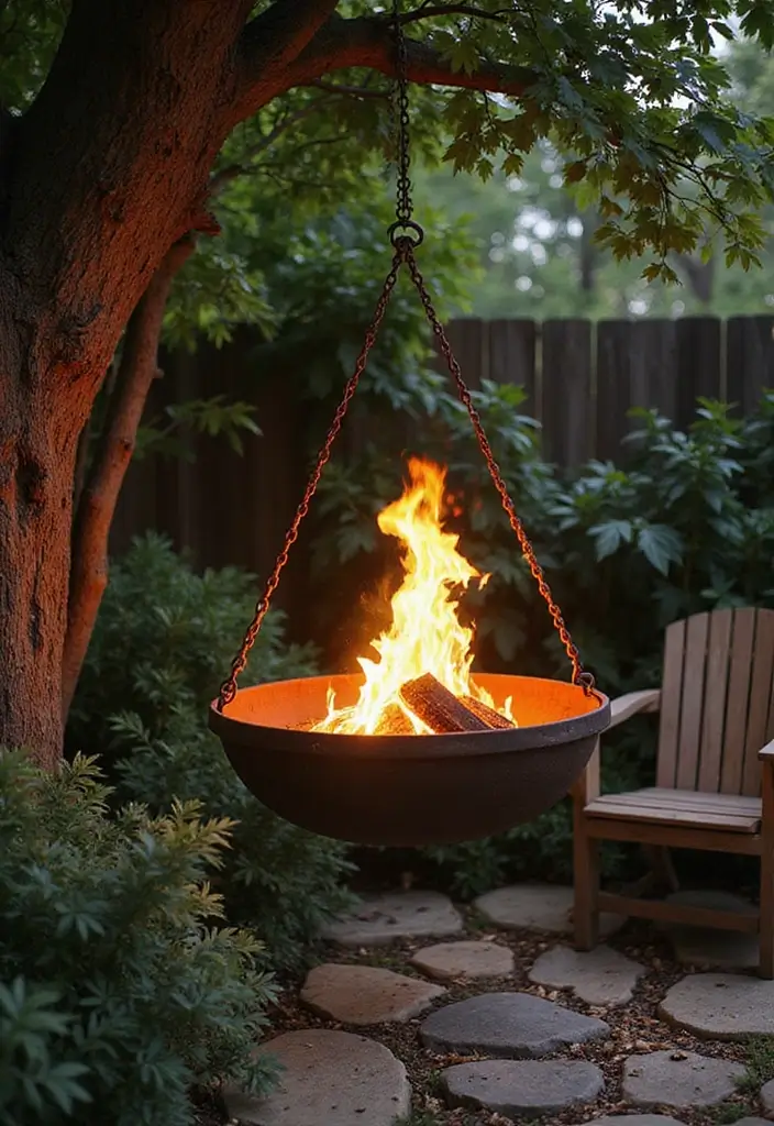 28 Patio Fire Pit Ideas That Make Evenings Unforgettable 12. Hanging Fire Bowl