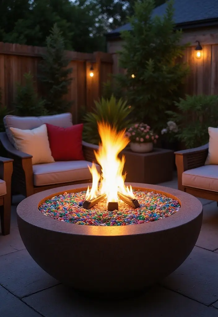 28 Patio Fire Pit Ideas That Make Evenings Unforgettable 22. Fire Pit Topped with Glass Pebbles