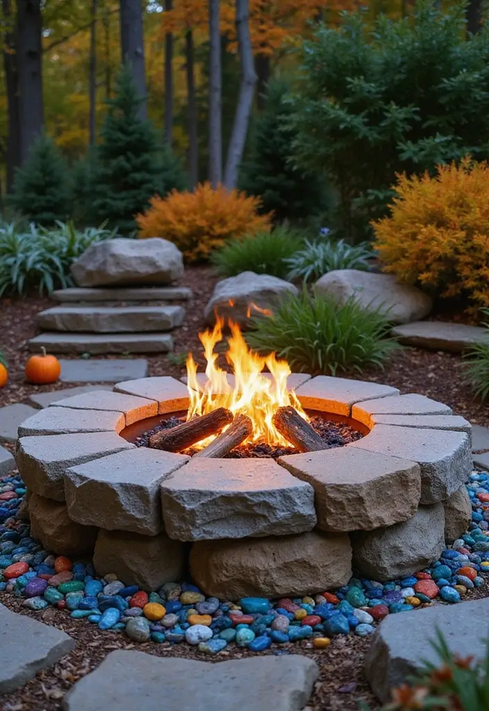28 Patio Fire Pit Ideas That Make Evenings Unforgettable 4. Stone Fire Pit with Decorative Rocks