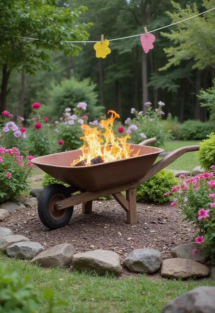 28 Patio Fire Pit Ideas That Make Evenings Unforgettable 5. Upcycled Wheelbarrow Fire Pit