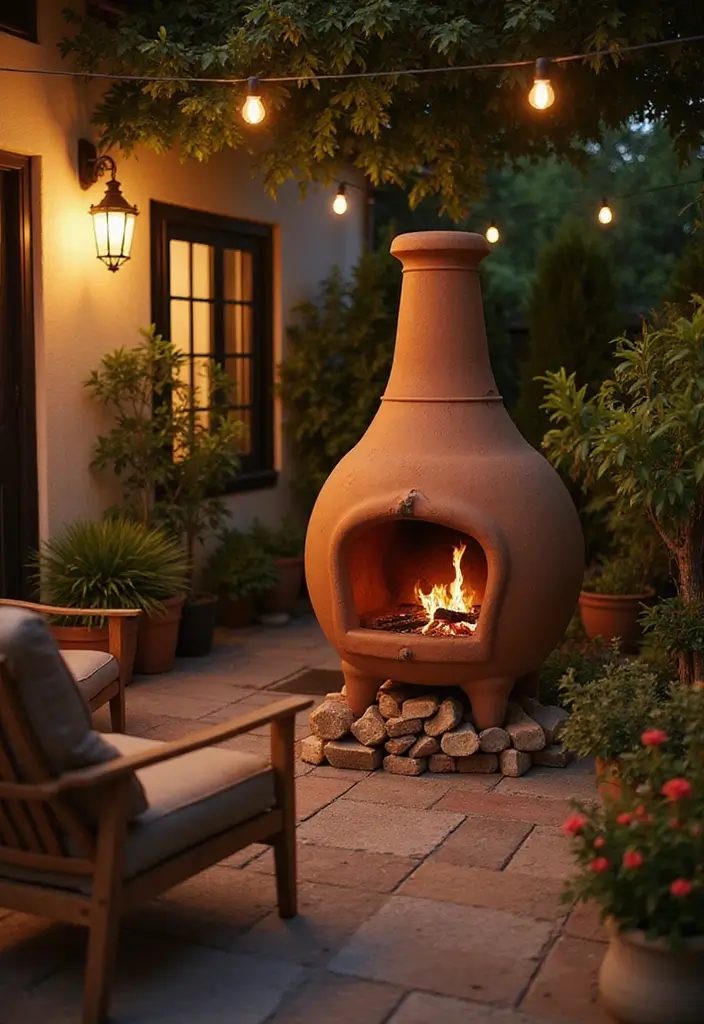 28 Patio Fire Pit Ideas That Make Evenings Unforgettable 8. Clay Chiminea