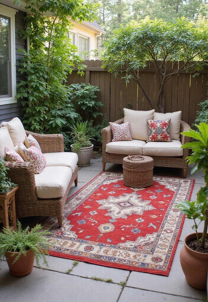 28 Patio Layout Ideas That Balance Style and Function 11. Outdoor Rug Statement