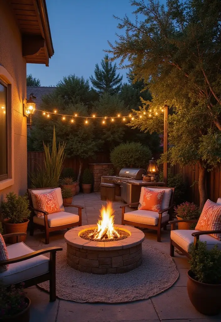28 Patio Layout Ideas That Balance Style and Function 13. Cozy Fire Feature