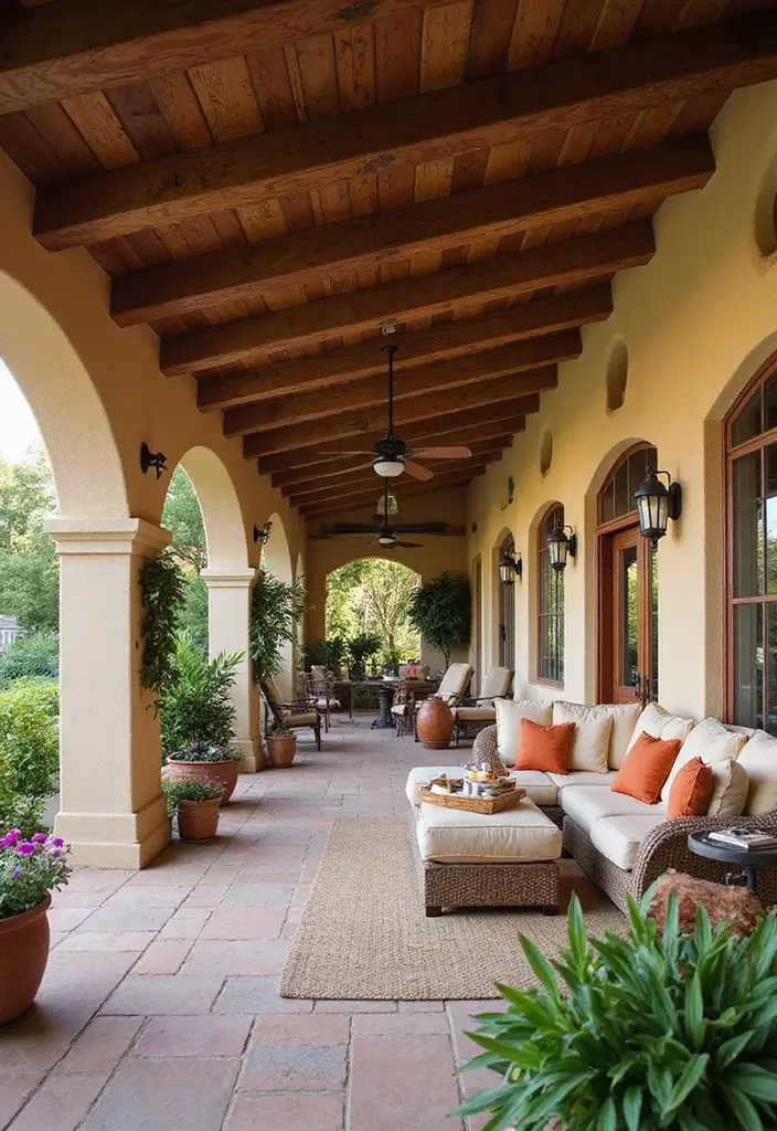 28 Spanish Style Patio Inspirations Full of Warmth 2. Rustic Wooden Beams