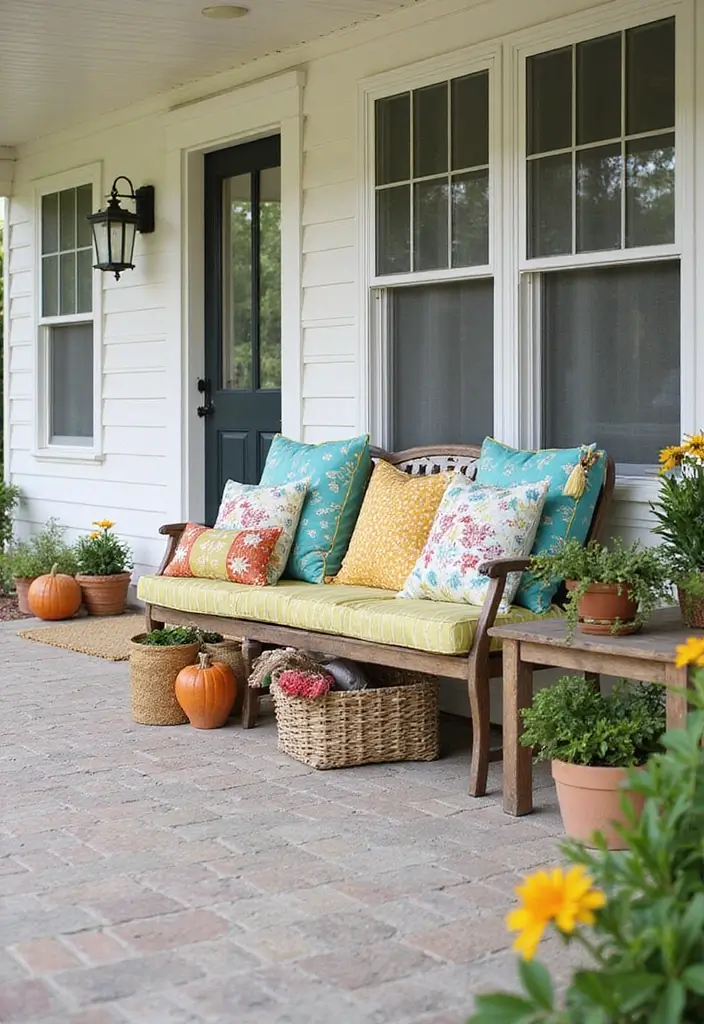29 Front Patio Ideas That Boost Curb Appeal 12. Outdoor Pillows for Comfort
