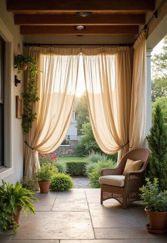 29 Front Patio Ideas That Boost Curb Appeal 28. Outdoor Curtains for Privacy