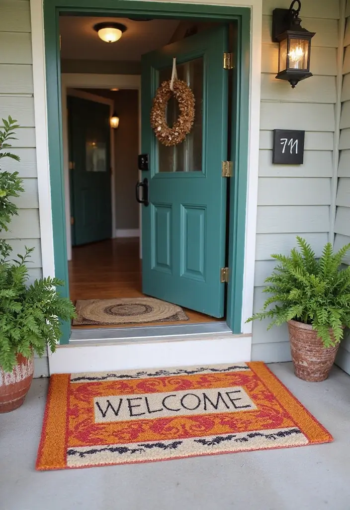 29 Front Patio Ideas That Boost Curb Appeal 3. Colorful Welcome Mats