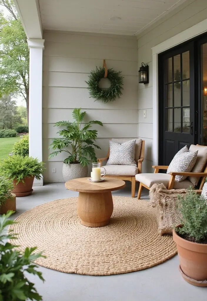 29 Front Patio Ideas That Boost Curb Appeal 5. Woven Outdoor Rugs