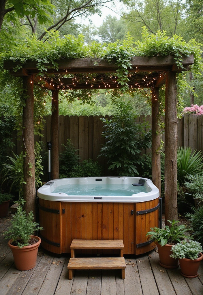 29 Hot Tub Patio Setups That Feel Like a Private Spa 1. Rustic Wooden Retreat